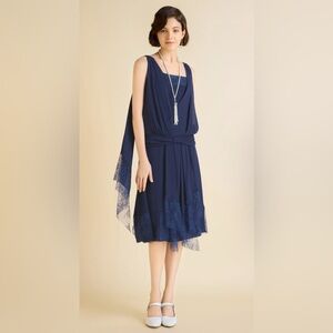 NWT Babeyond 1920s Classic Pleated Waistband Lace Day Dress Sz 10 Midnight Blue